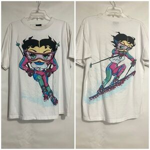 Vintage White Tee with Teal, Pink & Purple Cartoon Skier Graphic